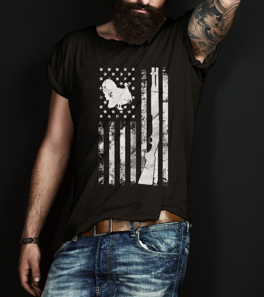 Turkey Hunting American Flag With Rifle And Stars T-Shirt