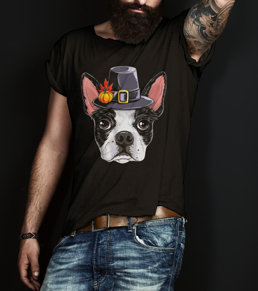 Thanksgiving Bo Boston Terrier In Pilgrim Hat With Pumpkin And Leaves T-Shirt