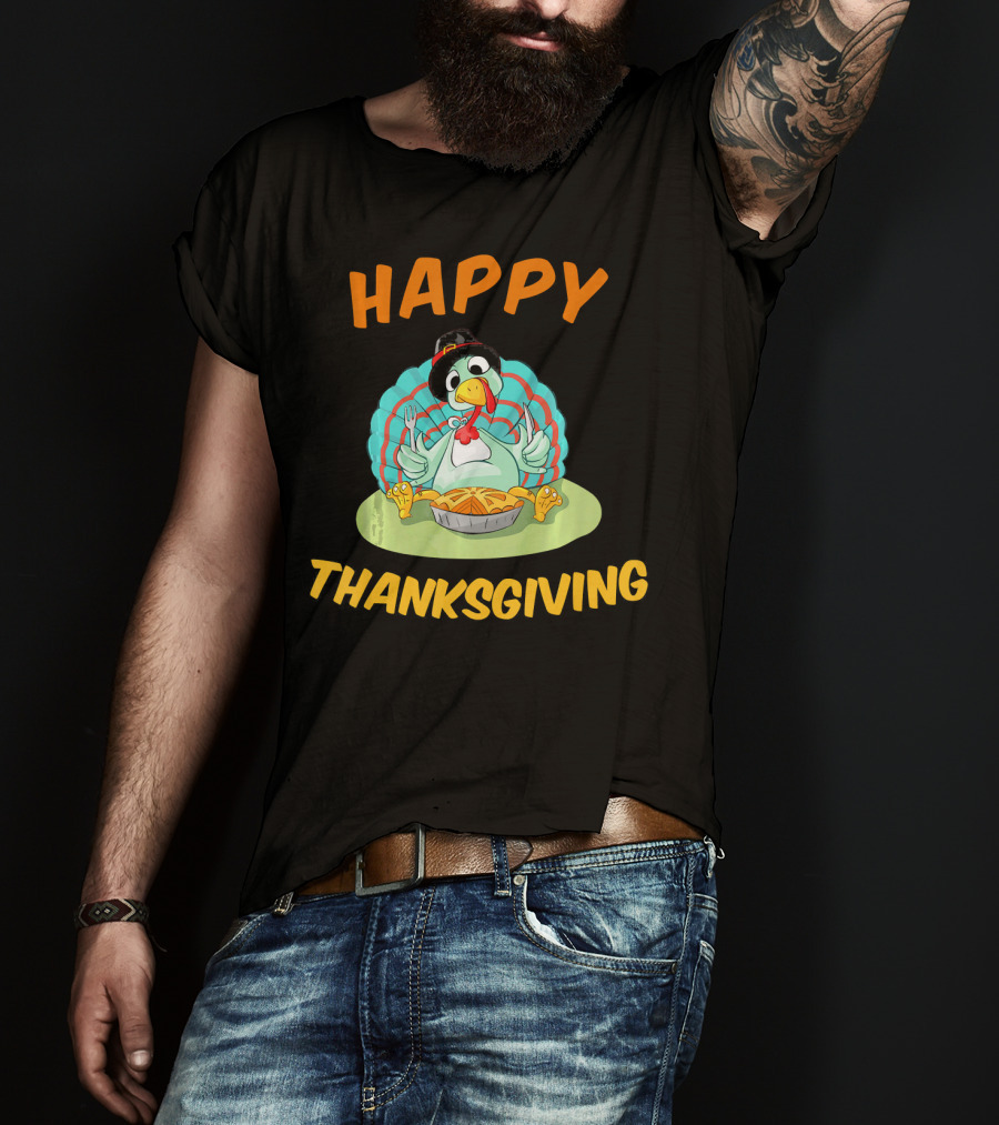Happy Thanksgiving Funny Turkey Day Turkey Eating Pie T-Shirt