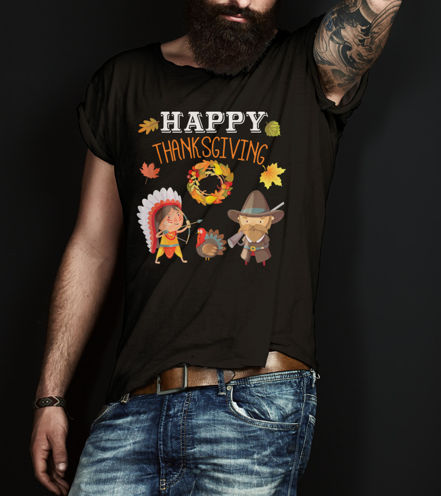 Thanksgiving Celebration With Native American And Pilgrim Turkey T-Shirt