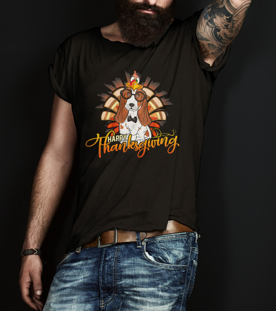 Happy Thanksgiving Basset Hound With Turkey Hat T-Shirt