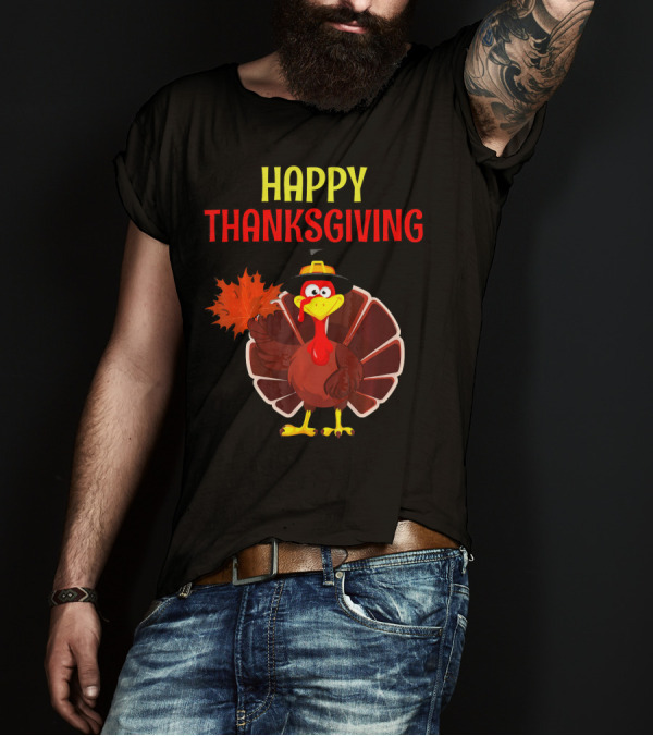HAPPY THANKSGIVING Turkey Holding Leaf T-Shirt