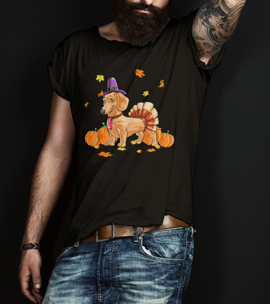 Happy Thanksgiving Dachshund Dressed As Turkey With Pumpkins And Fall Leaves T-Shirt