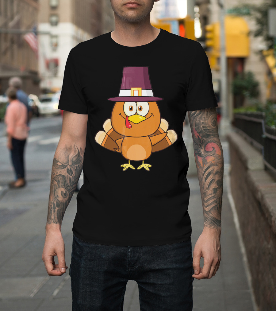 Cute Turkey Pilgrim With Hat And Feathered Wings T-Shirt