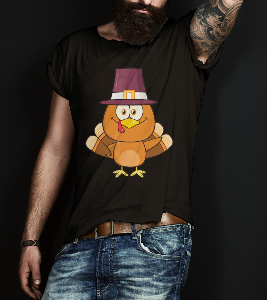 Cute Turkey Pilgrim With Hat And Feathered Wings T-Shirt