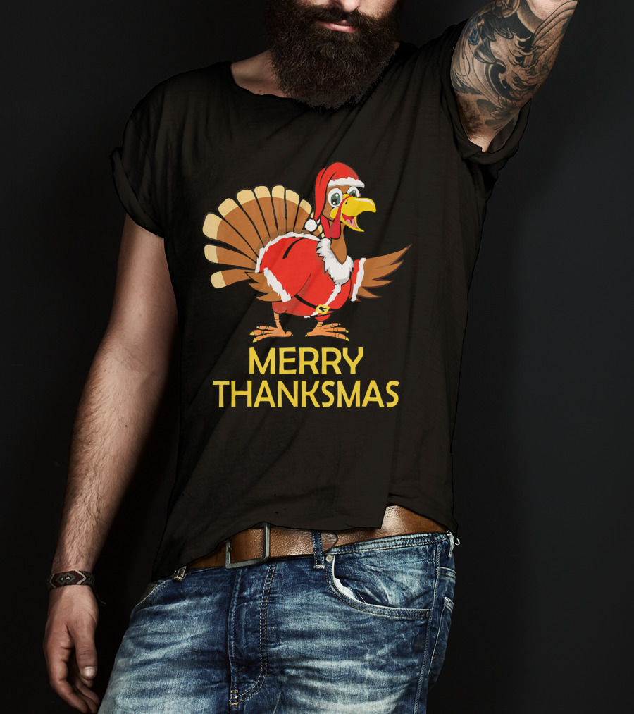 Merry Thanksmas Turkey Dressed In Santa Costume T-Shirt