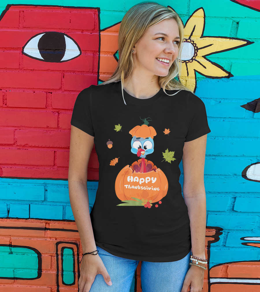 Happy Thanksgiving Cute Turkey Pilgrim In Pumpkin T-Shirt