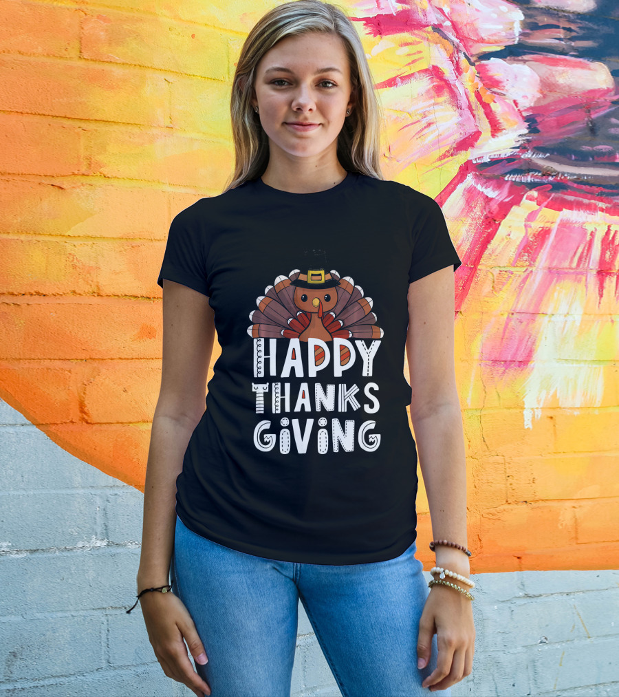 Happy Thanksgiving Funny Turkey Day With Pilgrim Hat T-Shirt
