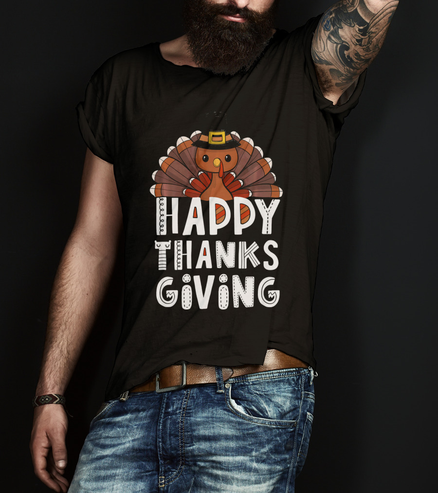 Happy Thanksgiving Funny Turkey Day With Pilgrim Hat T-Shirt