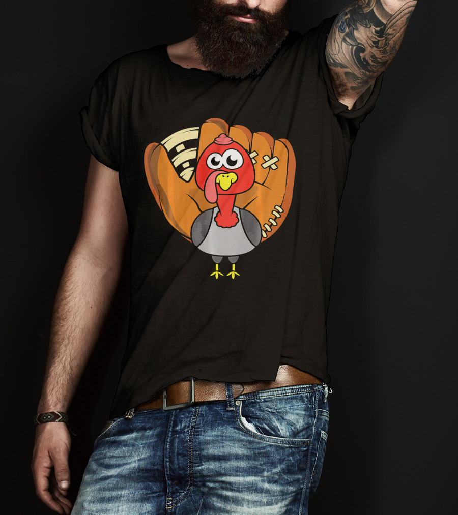Turkey Day Cute Thanksgiving Boys Turkey With Baseball Glove T-Shirt