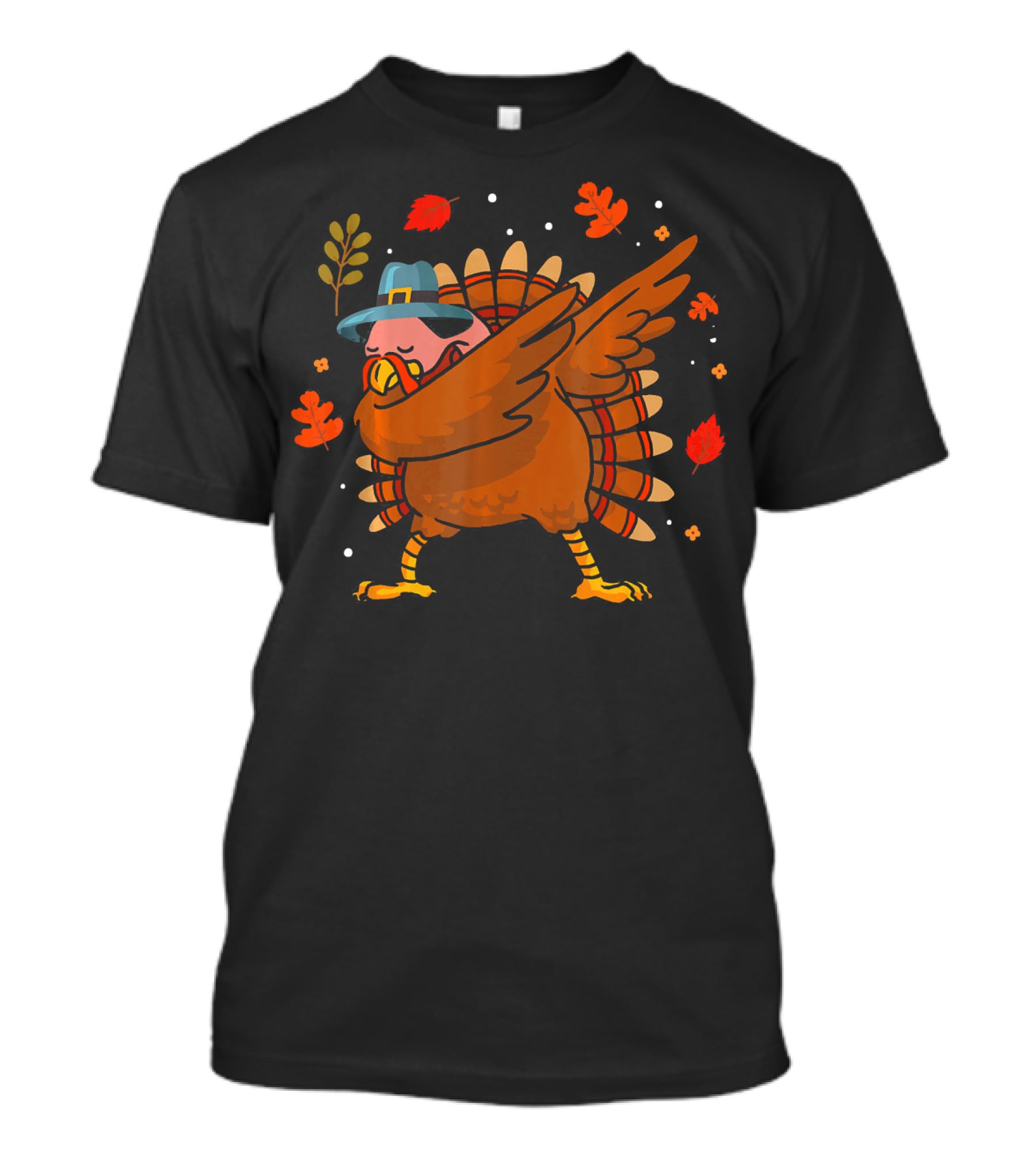 Thanksgiving Turkey Dabbing With Pilgrim Hat And Autumn Leaves T-Shirt