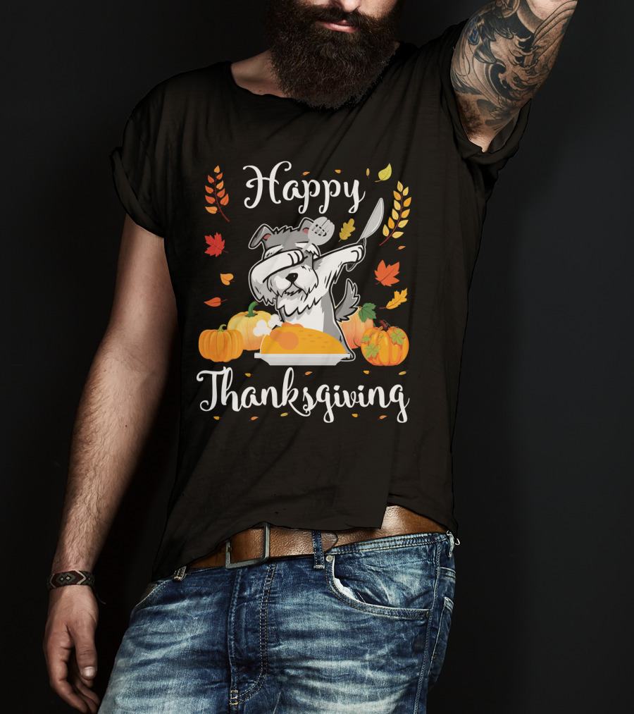 Happy Thanksgiving Schnauzer Dabbing With Turkey And Pumpkins T-Shirt