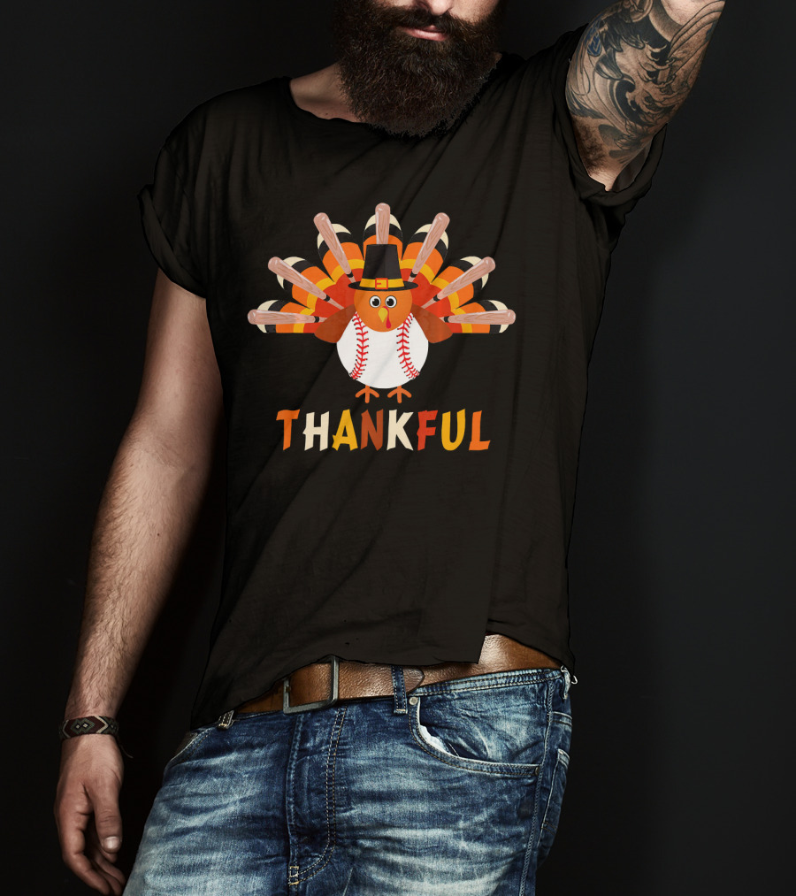 Thankful Turkey Baseball Bats Pilgrim Hat T-Shirt