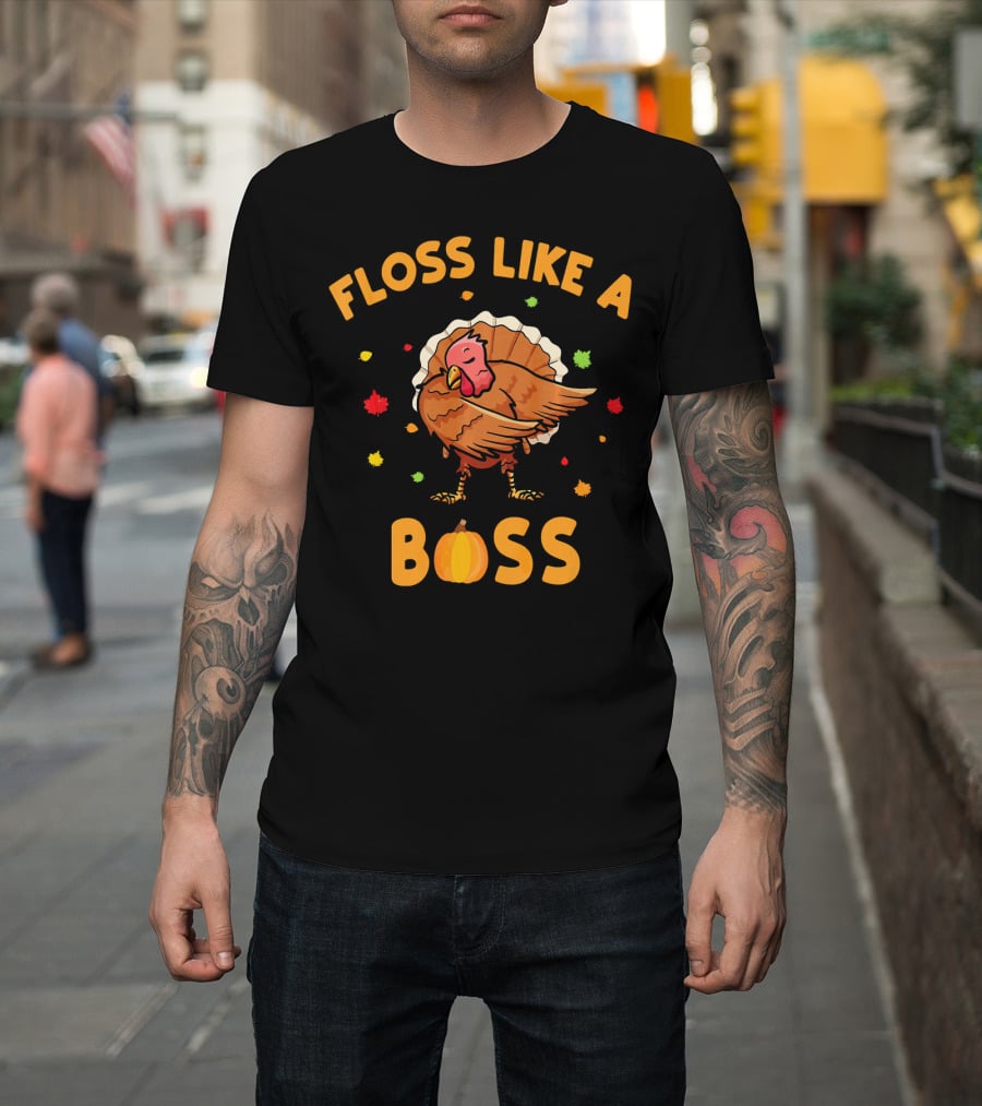 FLOSS LIKE A BOSS Dancing Turkey With Pumpkin And Leaves T-Shirt