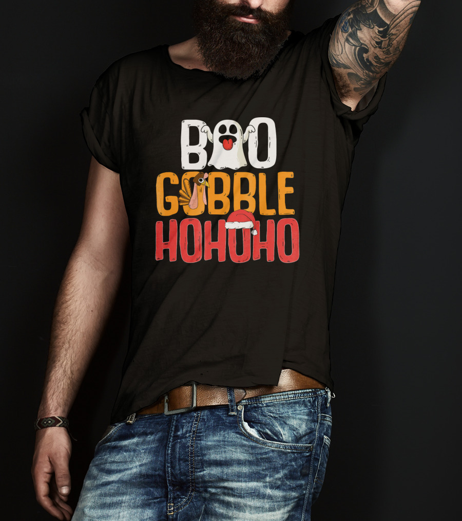 BOO GOBBLE HOHOHO Ghost Turkey Santa Hat T-Shirt