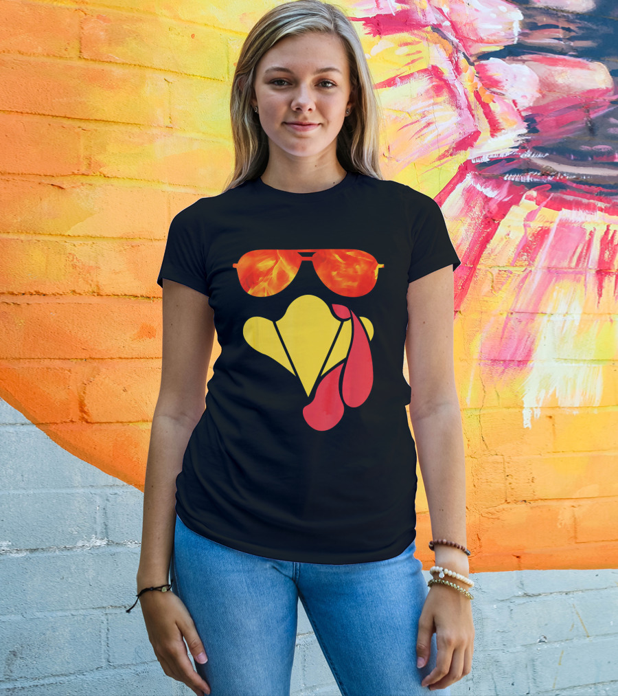 Turkey Face Thanksgiving Sunglasses Fire Flame T-Shirt
