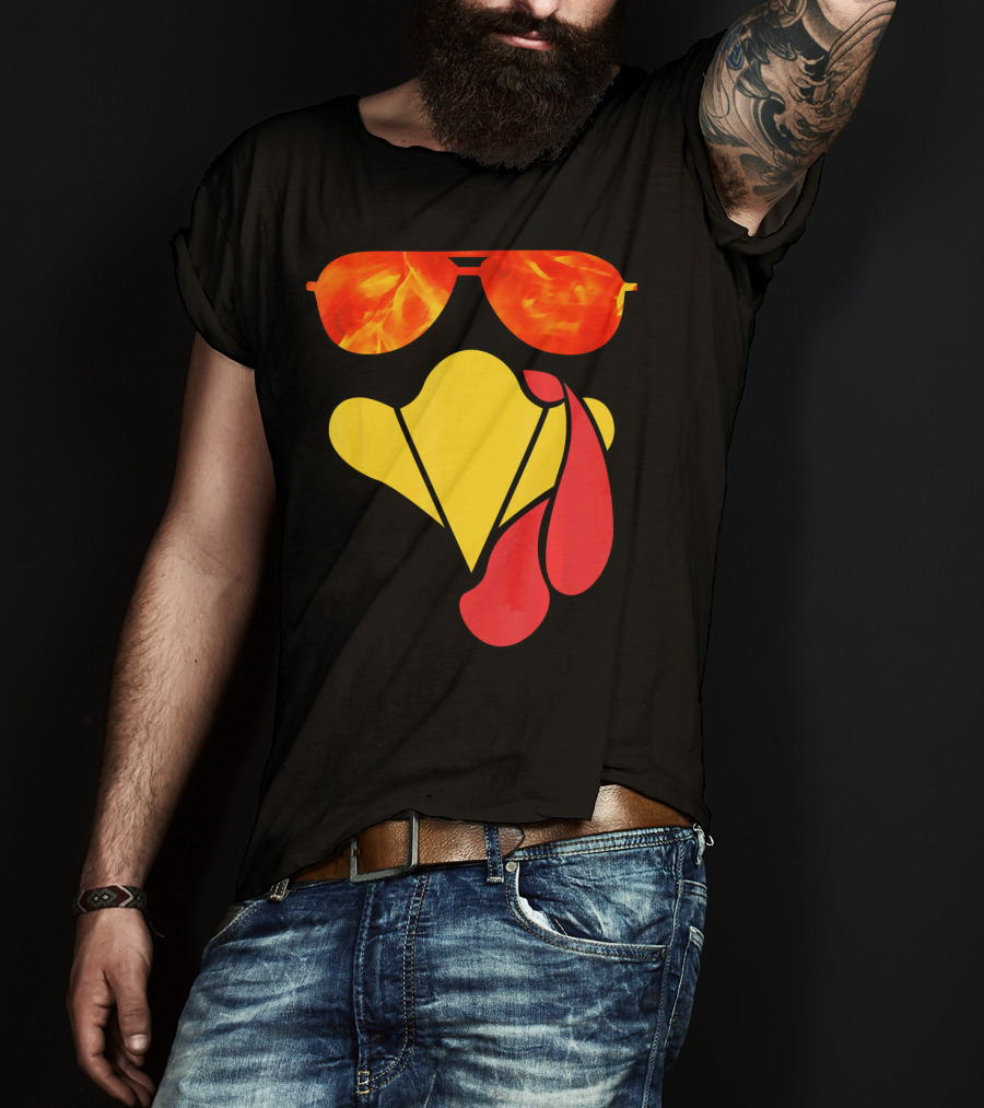 Turkey Face Thanksgiving Sunglasses Fire Flame T-Shirt