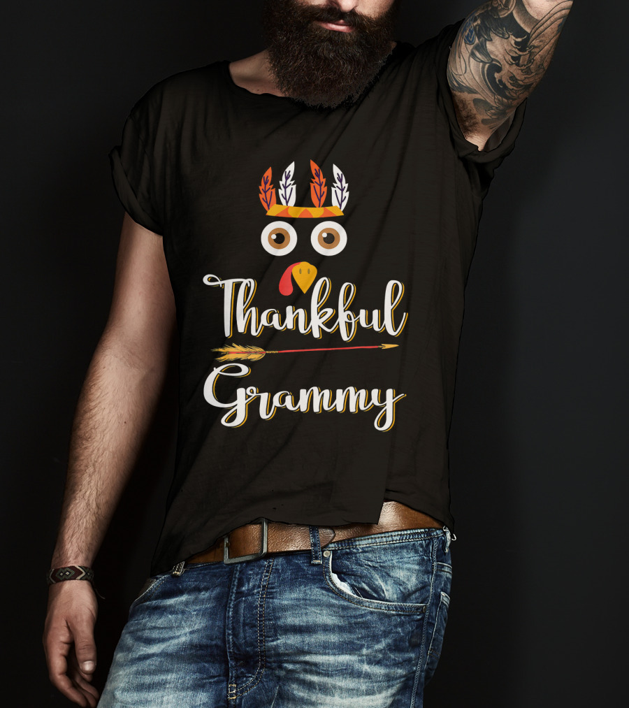 Thankful Grammy Turkey Face With Feather Headband And Arrow T-Shirt