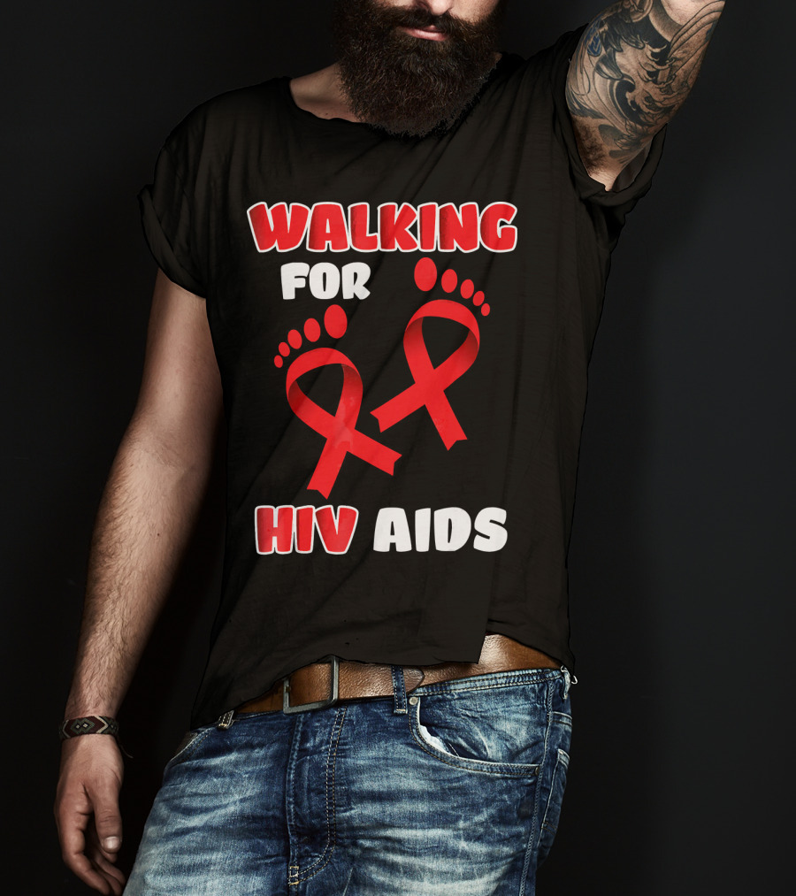 Walking For Hiv Aids Awareness With Red Ribbon Footprint T-Shirt
