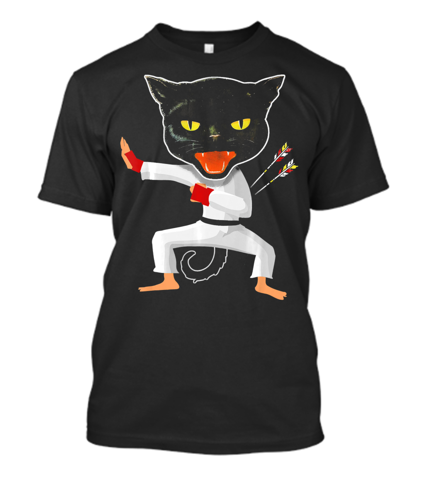 Ninja Cat Karate Master With Yellow Eyes And Arrow Struck Cloak T-Shirt