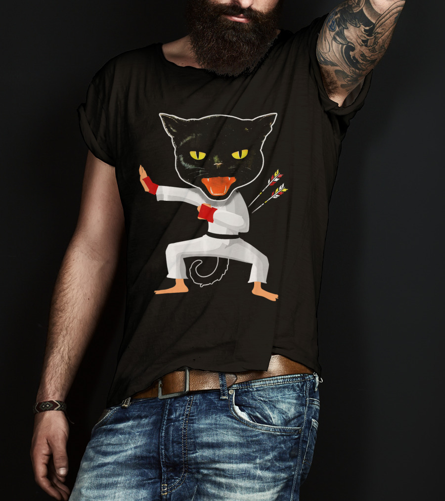 Ninja Cat Karate Master With Yellow Eyes And Arrow Struck Cloak T-Shirt