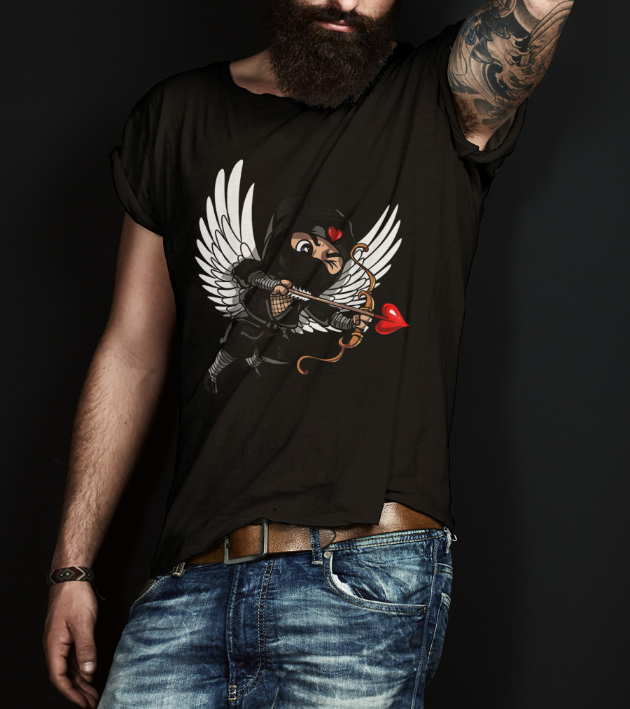 Ninja Cupid Valentine With Bow And Heart Arrow Angel Wings T-Shirt