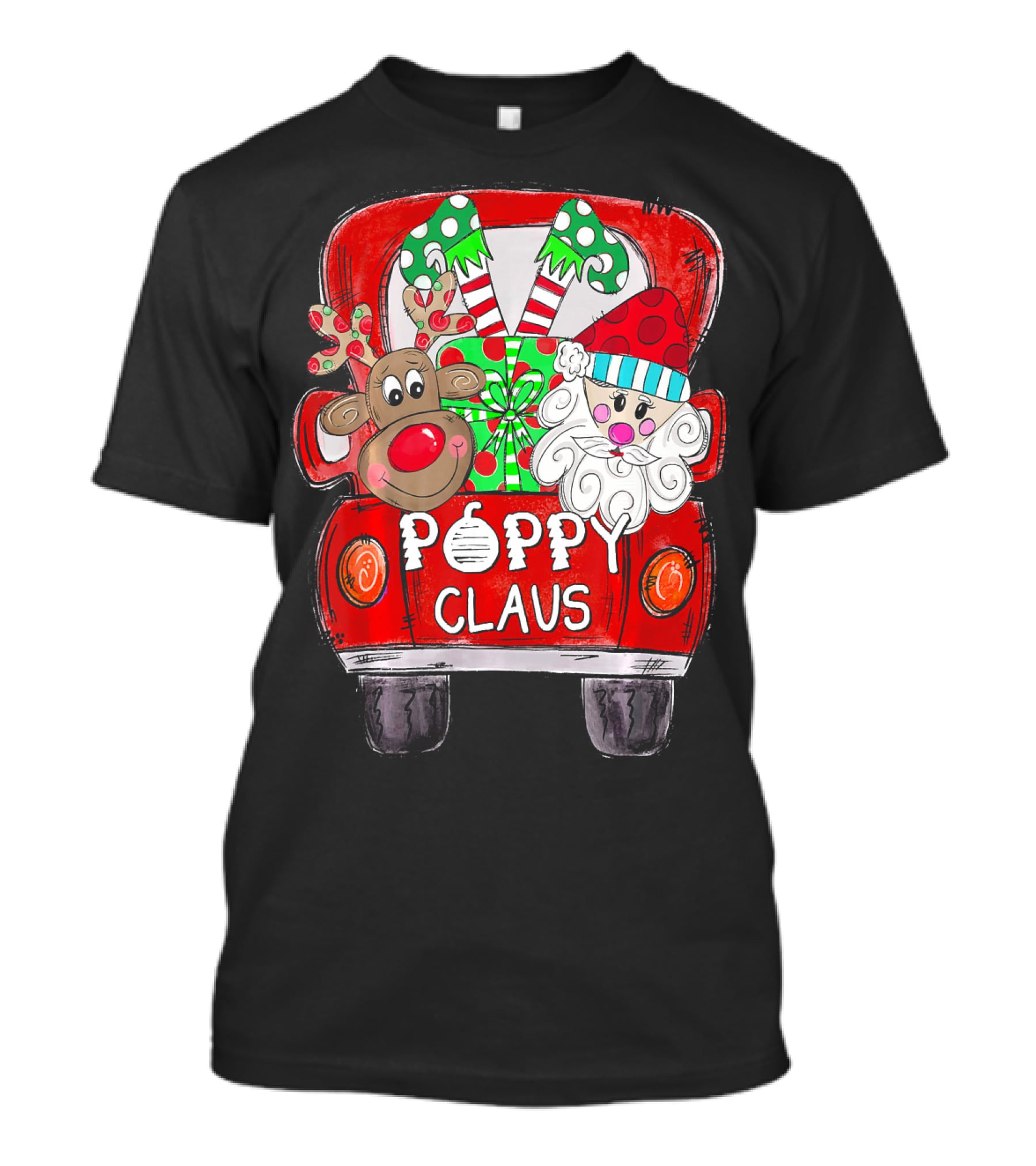 Poppy Claus Christmas Red Truck With Santa And Reindeer T-Shirt