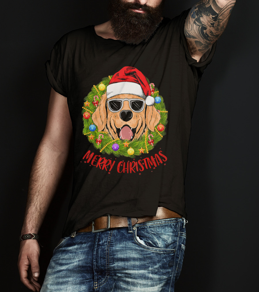 Merry Christmas Golden Retriever Dog Santa Hat Sunglasses Wreath T-Shirt