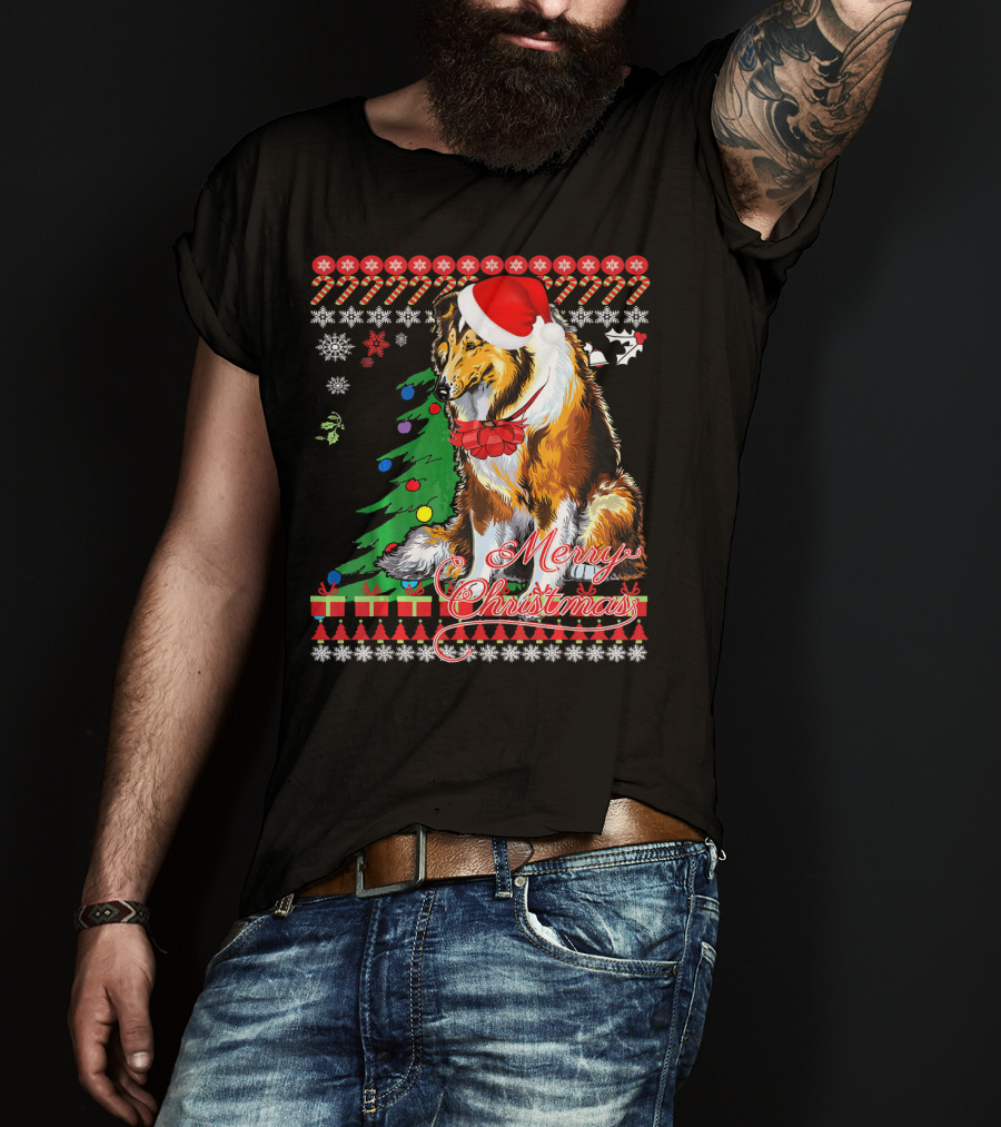 Merry Christmas Rough Collie Santa Hat Snowflakes Gifts Holiday T-Shirt
