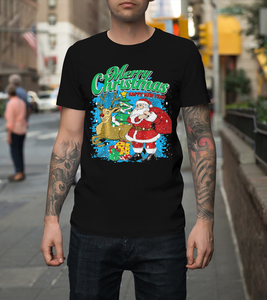 Merry Christmas Happy New Year Santa Claus Reindeer Presents T-Shirt