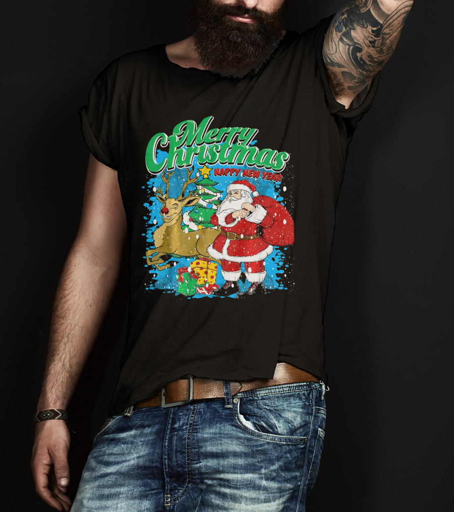 Merry Christmas Happy New Year Santa Claus Reindeer Presents T-Shirt