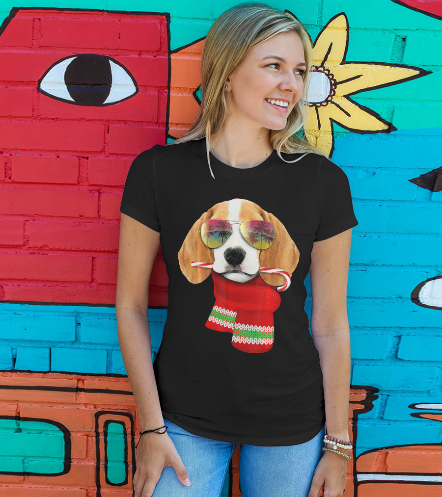 Christmas In July Beagle Sunglasses Candy Cane Scarf T-Shirt