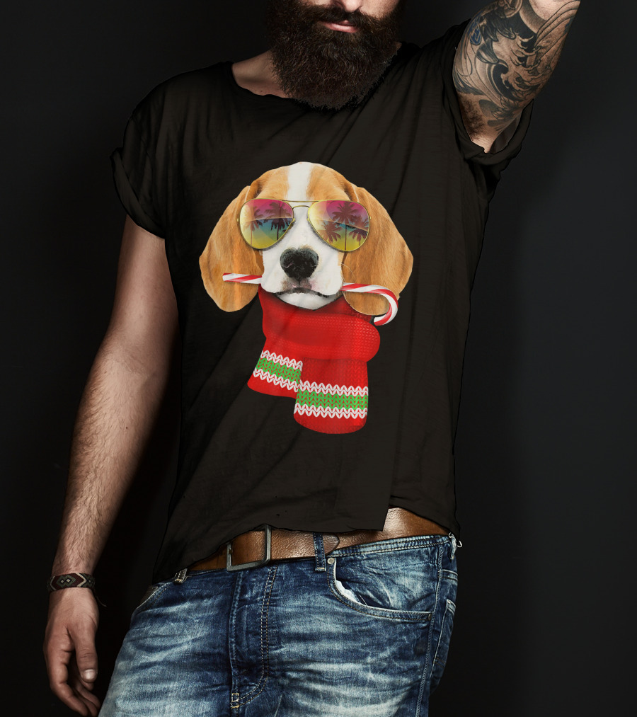 Christmas In July Beagle Sunglasses Candy Cane Scarf T-Shirt