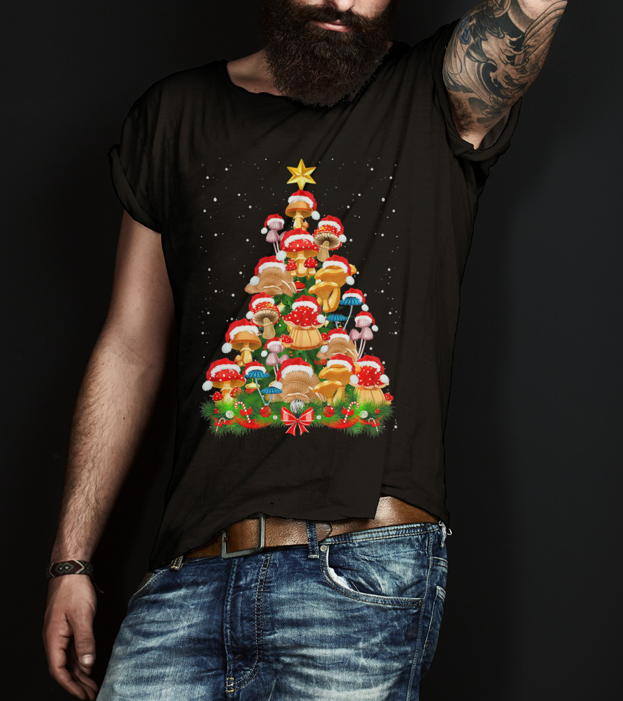 Mushroom Christmas Tree With Santa Hats And Snowflakes For Garden Lovers T-Shirt
