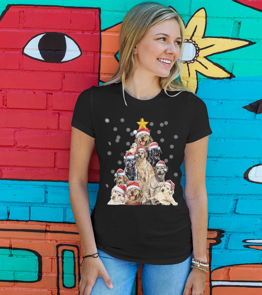 Labrador Puppies With Santa Hats Forming A Christmas Tree With Star And Snowflakes T-Shirt