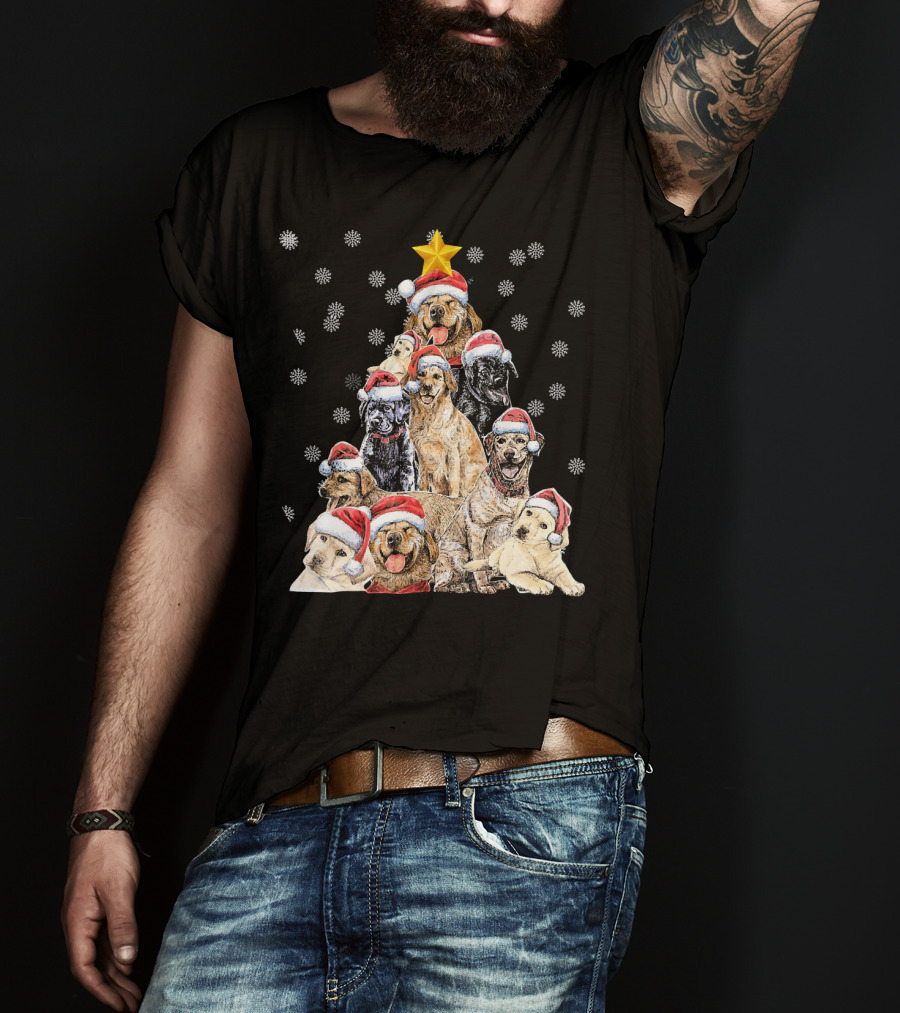 Labrador Puppies With Santa Hats Forming A Christmas Tree With Star And Snowflakes T-Shirt