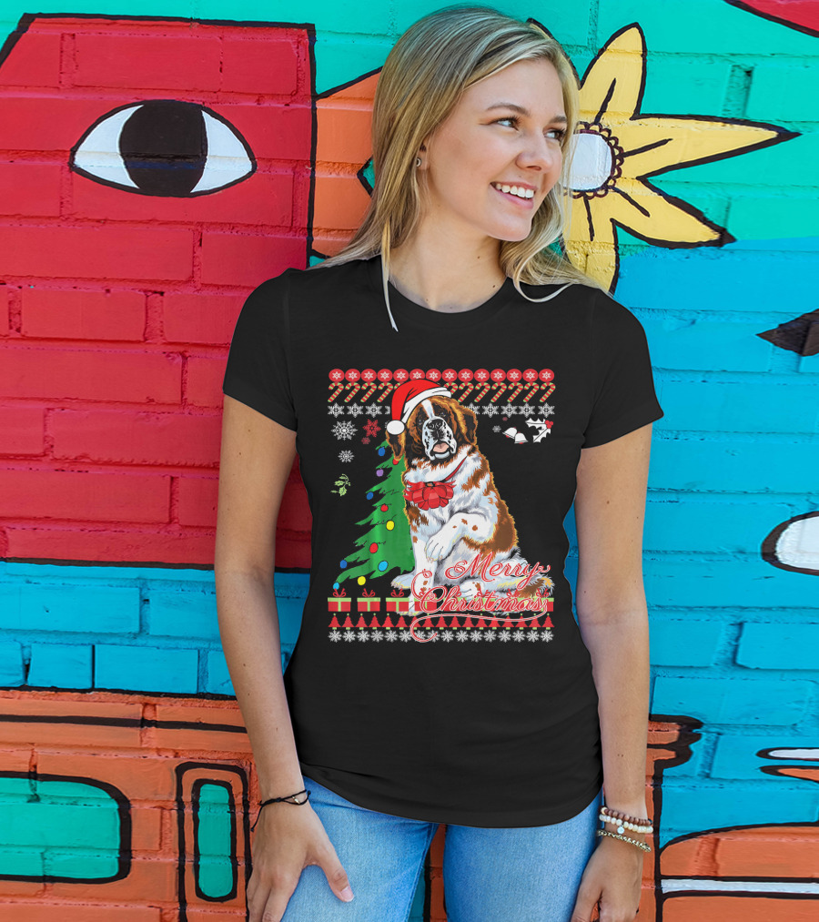 Merry Christmas Saint Bernard Dog Ugly Christmas T-Shirt