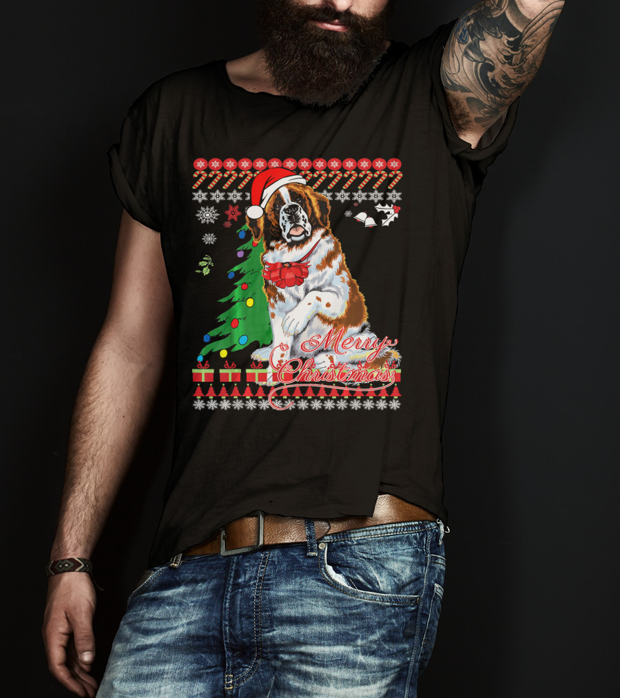 Merry Christmas Saint Bernard Dog Ugly Christmas T-Shirt