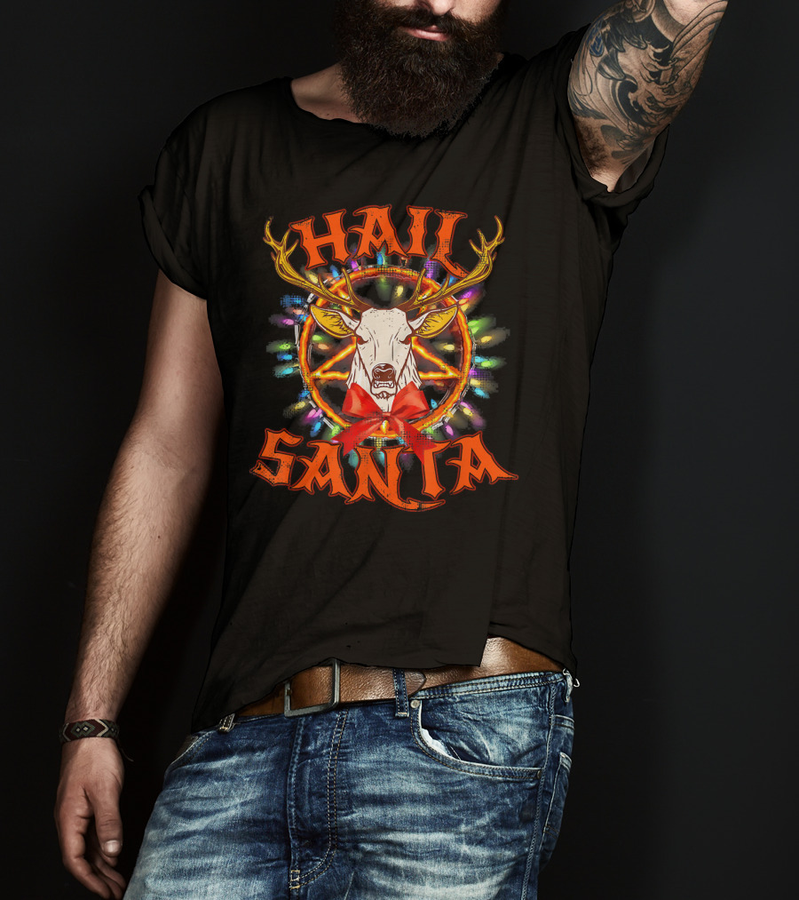 Hail Santa Christmas Reindeer With Pentagram And Lights T-Shirt