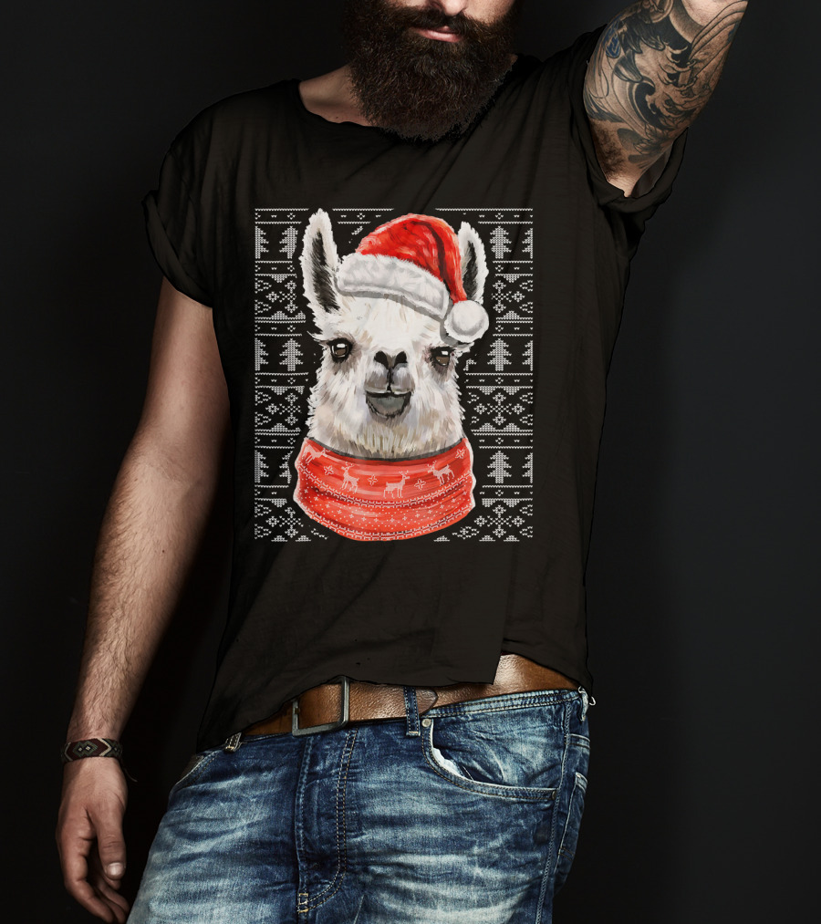 Ugly Christmas Llama Sweater With Santa Hat Festive T-Shirt
