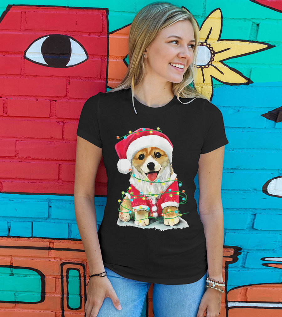 Festive Christmas Corgi Santa With Holiday Lights Corgmas San T-Shirt