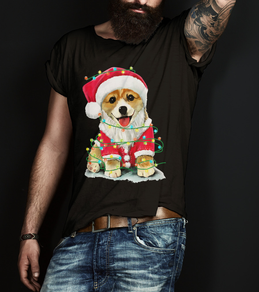Festive Christmas Corgi Santa With Holiday Lights Corgmas San T-Shirt