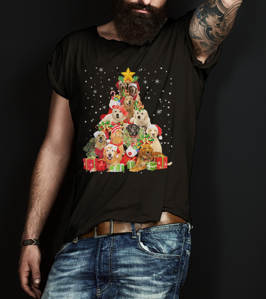 Golden Retriever Christmas Tree With Santa Hats And Presents T-Shirt