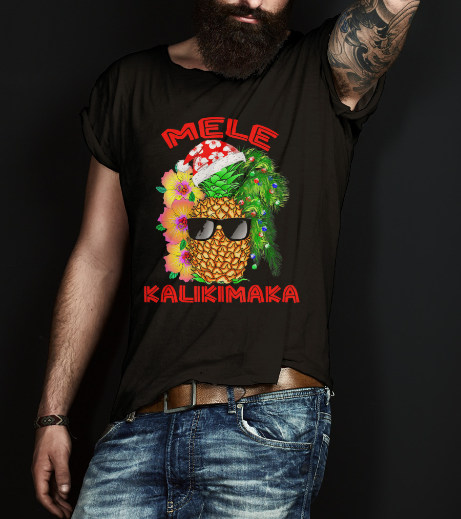 Mele Kalikimaka Hawaiian Christmas Pineapple Santa Hat Sunglasses Flowers T-Shirt