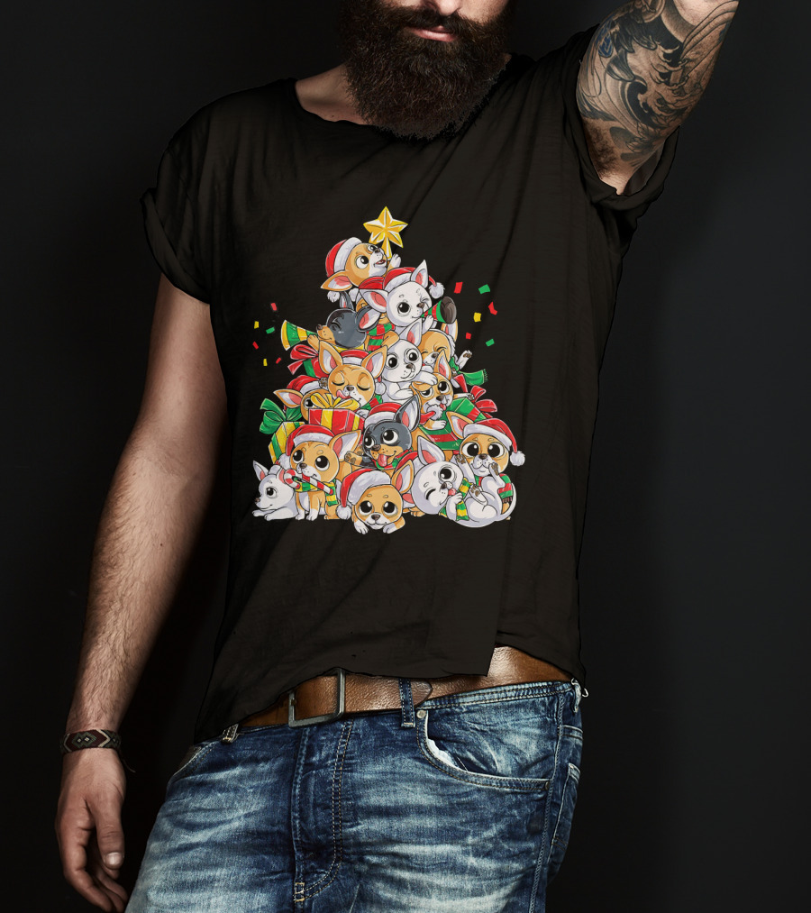 Chihuahua Christmas Tree Festive Dogs With Santa Hats And Presents T-Shirt