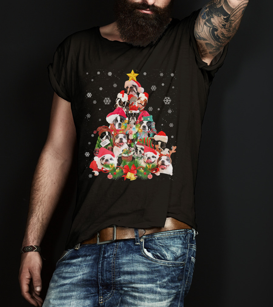 Boston Terriers Christmas Tree Snowflakes And Santa Hats T-Shirt