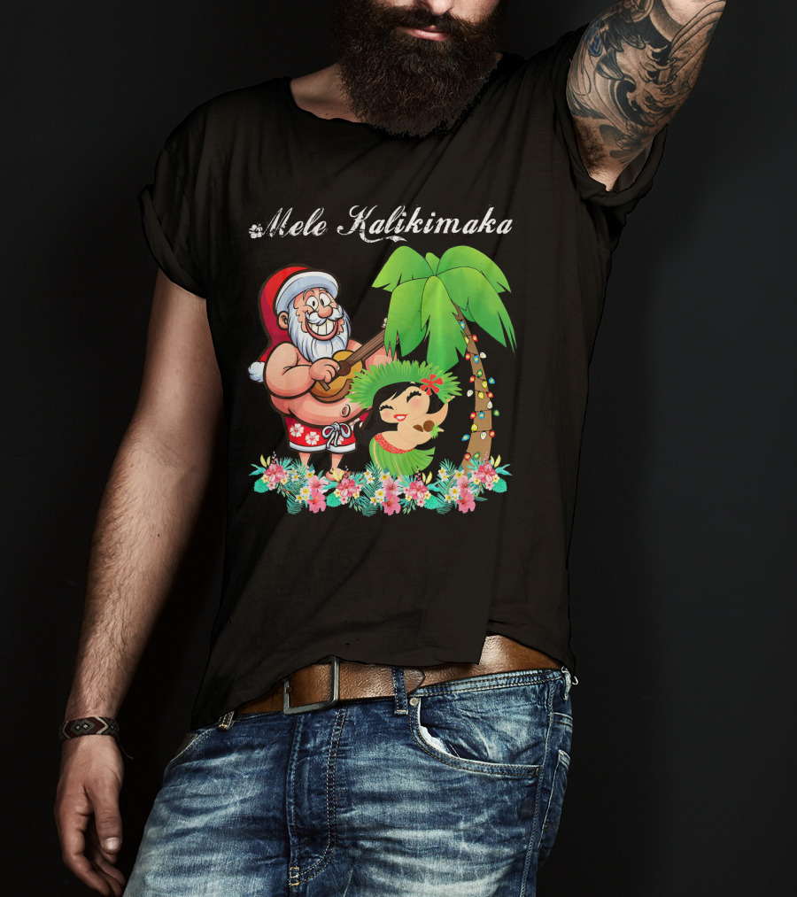 Mele Kalikimaka Christmas Santa Hawaii With Hula Dancer And Palm Tree T-Shirt