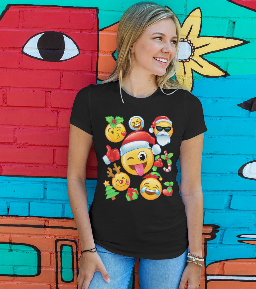 Santa Emoji Christmas Fun With Reindeer Candy Cane Gifts And Holly T-Shirt