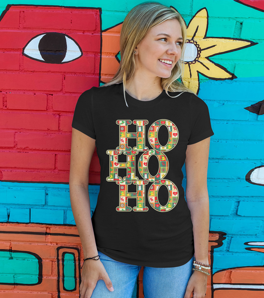 HoHoHo Funny Christmas Santa Patchwork Reindeer Snowman Ornaments T-Shirt