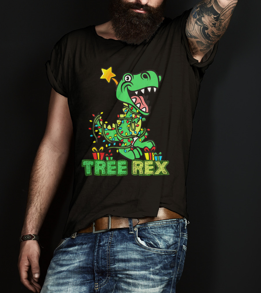 Tree Rex Dinosaur Wrapped In Christmas Lights With Presents And Star T-Shirt